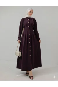 Düğme Detaylı Beli Büzgülü Tasarım Elbise