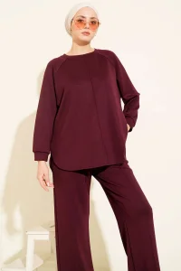 Mürdüm Oversize Sweatshirt Ve Geniş Paça Pantolon Kombin Takım