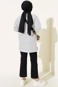 Siyah Beyaz Çizgili Oversize Uzun Tunik