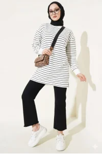 Siyah Beyaz Çizgili Oversize Uzun Tunik