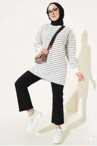 Siyah Beyaz Çizgili Oversize Uzun Tunik