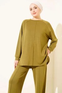 Yağ Yeşil Oversize Sweatshirt Ve Geniş Paça Pantolon Kombin Takım
