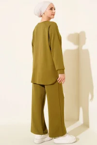 Yağ Yeşil Oversize Sweatshirt Ve Geniş Paça Pantolon Kombin Takım