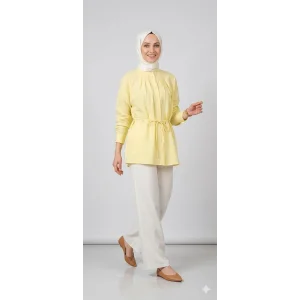 Yazgı Moda Kadın Limon Sarısı Hakim Yaka Kuşaklı Tesettür Gömlek