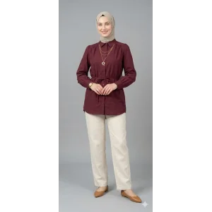 Kadın Bordo Belden Bağlamalı Düğmeli Tesettür Gömlek Tunik