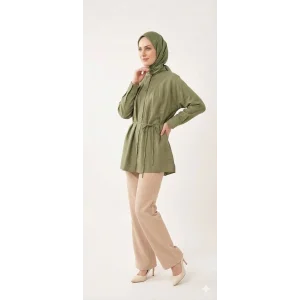 Yazgı Moda Kadın Haki Hakim Yaka Kuşaklı Tesettür Gömlek