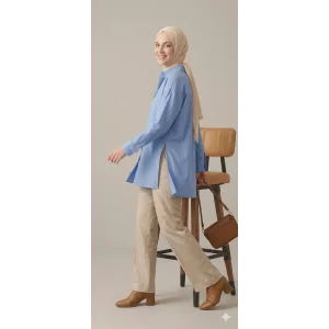 YAZGI MODA Kadın Mavi Çadır Kumaş Yanı Yırtmaçlı Uzun Gömlek Tunik