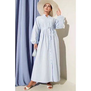 Önü Nervürlü İp Kuşaklı Elbise Bebe Mavisi