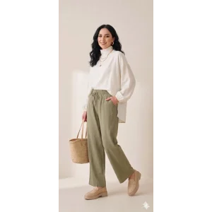 Yazgı Moda Kadın Haki Beli Lastikli Rahat Kalıp Keten Pantolon