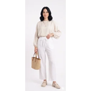 Yazgı Moda Kadın Beyaz Beli Lastikli Rahat Kalıp Keten Pantolon