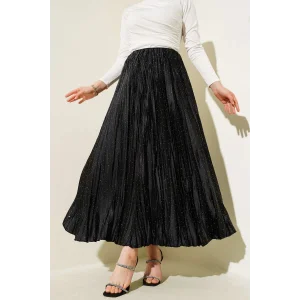 YAZGI MODA Mini Taşlı Pileli Saten Etek Siyah