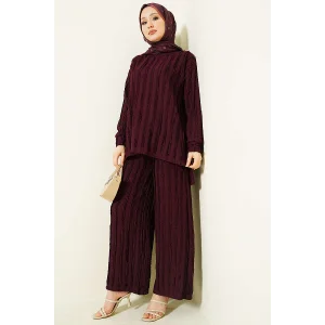 Şerit Fırfırlı Tunik İkili Takım Mürdüm