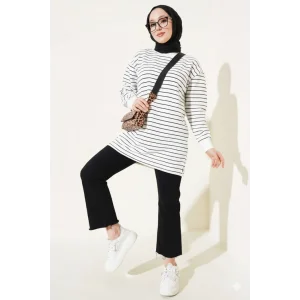 Siyah Beyaz Çizgili Oversize Uzun Tunik