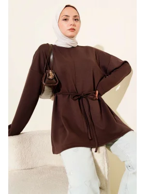 Bisiklet Yaka İp Kuşaklı Tunik Kahve