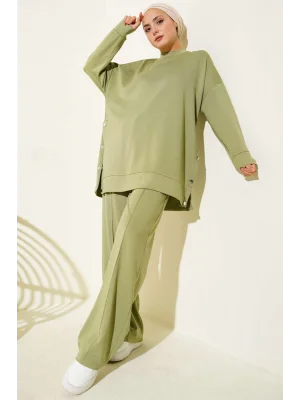 Bisiklet Yaka Yanları Metal Düğmeli İkili Takım Çağla Yeşili