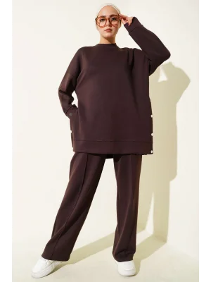 Bisiklet Yaka Yanları Metal Düğmeli İkili Takım Kahve