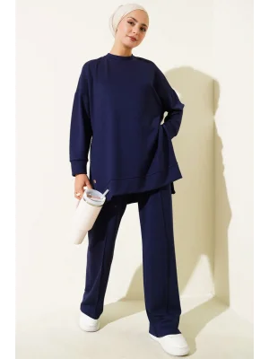 Bisiklet Yaka Yanları Metal Düğmeli İkili Takım Lacivert