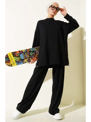 Bisiklet Yaka Yanları Metal Düğmeli İkili Takım Siyah