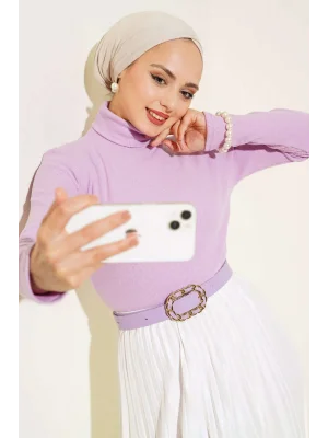 Leylak Boğazlı Fitilli Triko Body