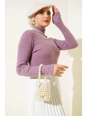 Lila Boğazlı Fitilli Triko Body