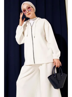 Loyşa Basic Fermuarlı Kapüşonlu İkili Takım Beyaz