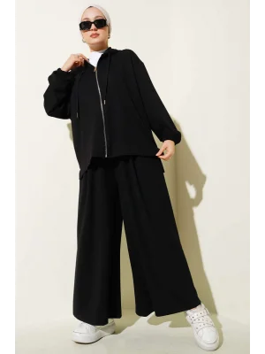 Loyşa Basic Fermuarlı Kapüşonlu İkili Takım Siyah