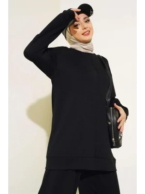 Önü Çımalı Tunik İkili Takım Siyah