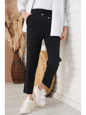 Yazgı Moda İp Detaylı Beli Lastikli Dar Paça Siyah Pantolon