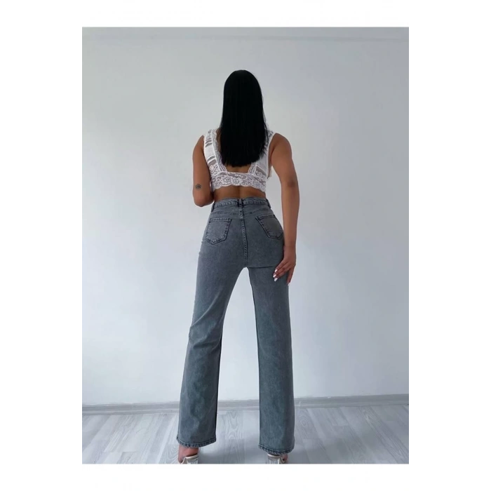 Kadın Gri Yüksek Bel Bol Paça Jeans