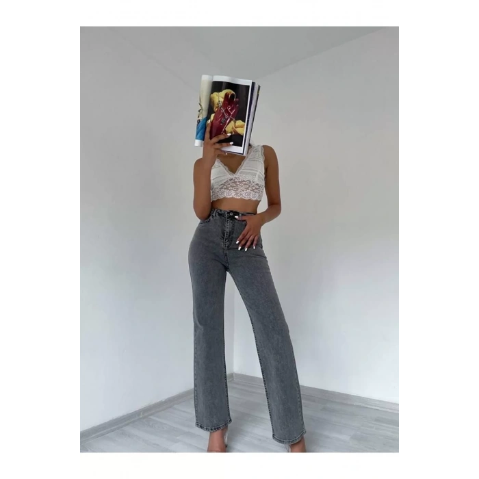 Kadın Gri Yüksek Bel Bol Paça Jeans