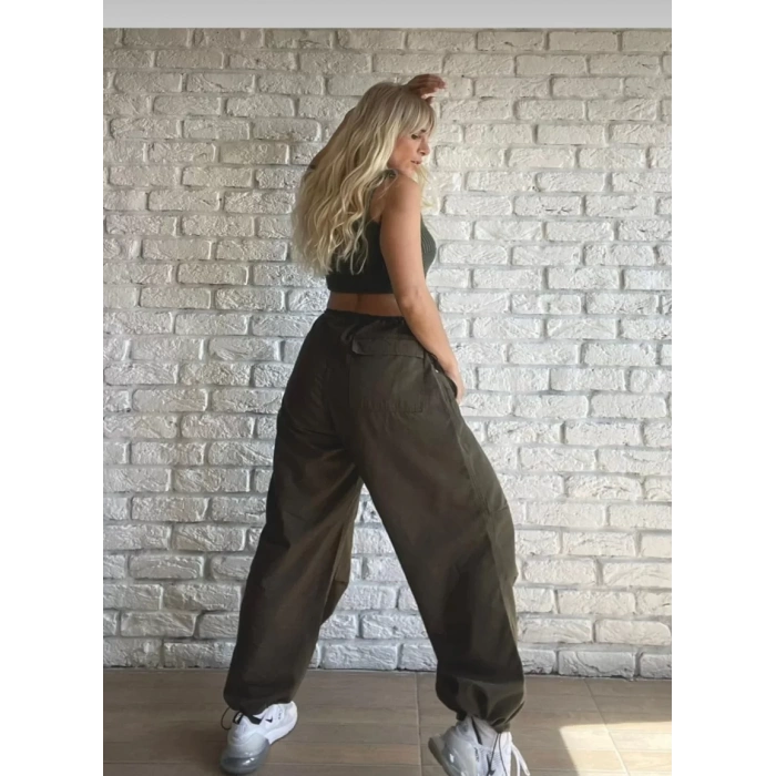 Kadın Haki Beli Büzgülü Paraşüt Pantolon