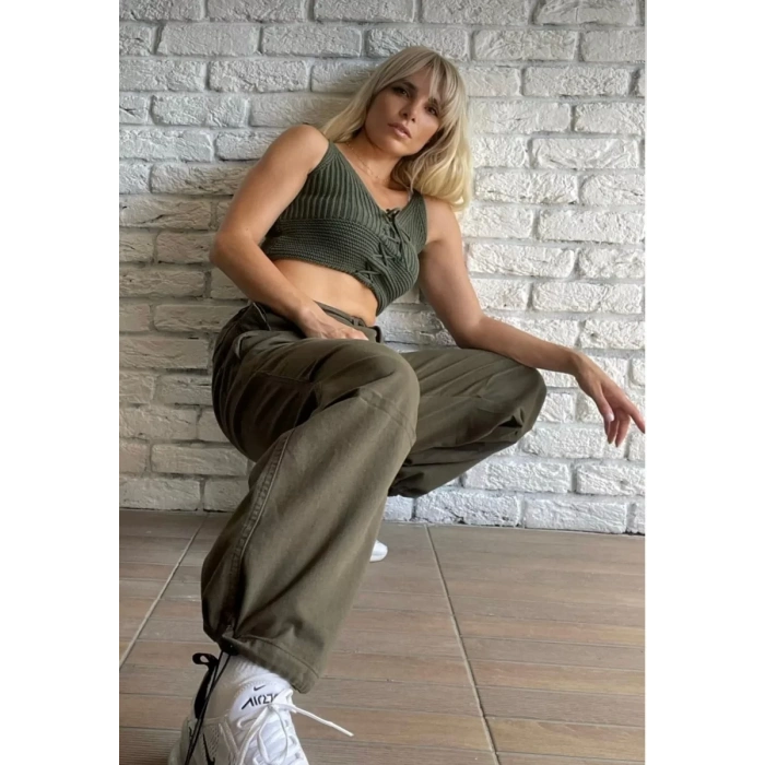 Kadın Haki Beli Büzgülü Paraşüt Pantolon