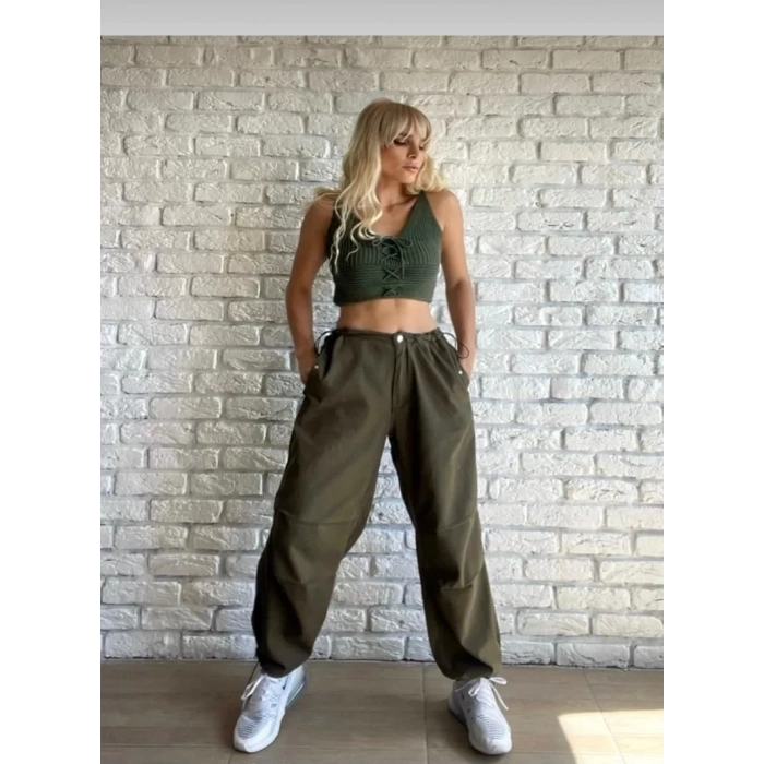 Kadın Haki Beli Büzgülü Paraşüt Pantolon