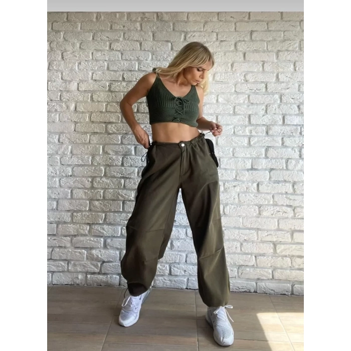 Kadın Haki Beli Büzgülü Paraşüt Pantolon