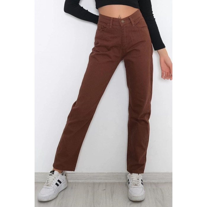 Kadın Kahve Yüksek Bel Boyfriend Pantolon