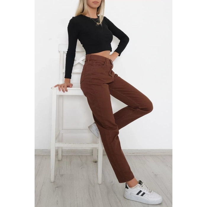 Kadın Kahve Yüksek Bel Boyfriend Pantolon