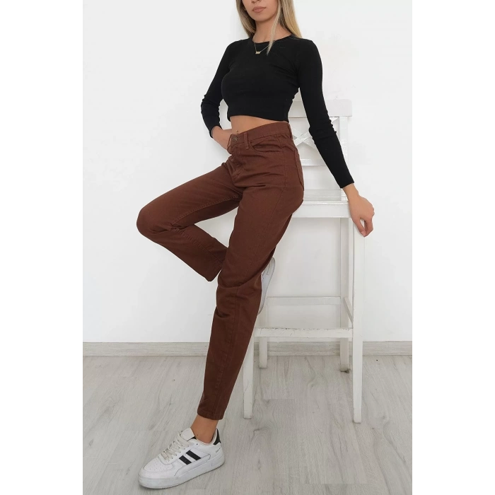 Kadın Kahve Yüksek Bel Boyfriend Pantolon