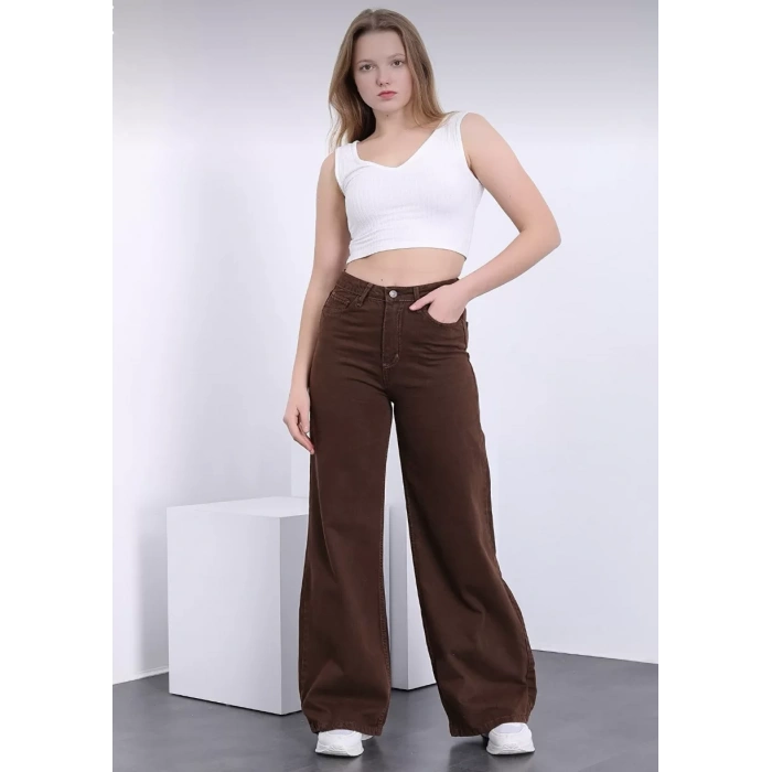 Kadın Kahverengi Bol Paça Jeans