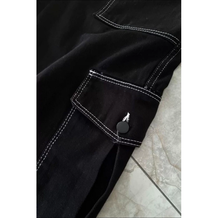 Kadın Siyah Beyaz Dikişli Kargo Cepli Palazzo