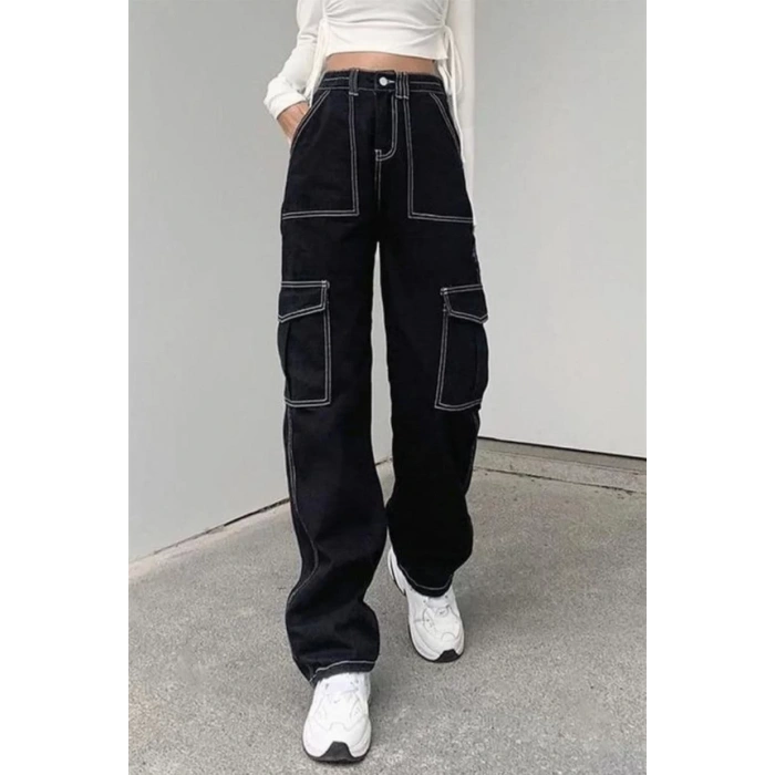 Kadın Siyah Beyaz Dikişli Kargo Cepli Palazzo