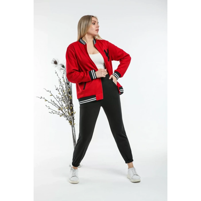 Kadın Kırmızı Nakışlı Kolej Ceket Hırka