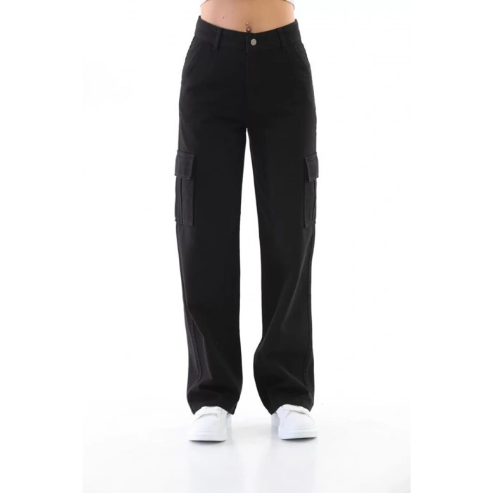 Kadın Siyah Yüksek Bel Geniş Paça Kargo Pantolon