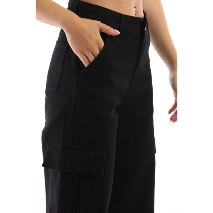 Kadın Siyah Yüksek Bel Geniş Paça Kargo Pantolon