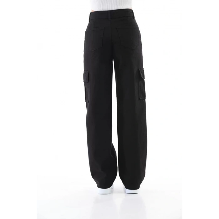 Kadın Siyah Yüksek Bel Geniş Paça Kargo Pantolon