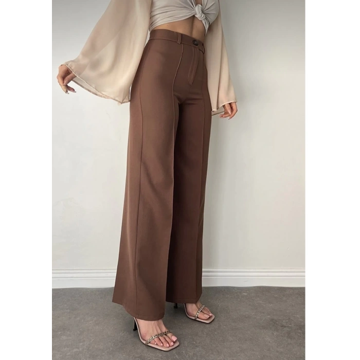 Kadın Önü Dikiş Detaylı Kahverengi Palazzo Pantolon