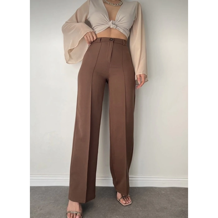 Kadın Önü Dikiş Detaylı Kahverengi Palazzo Pantolon