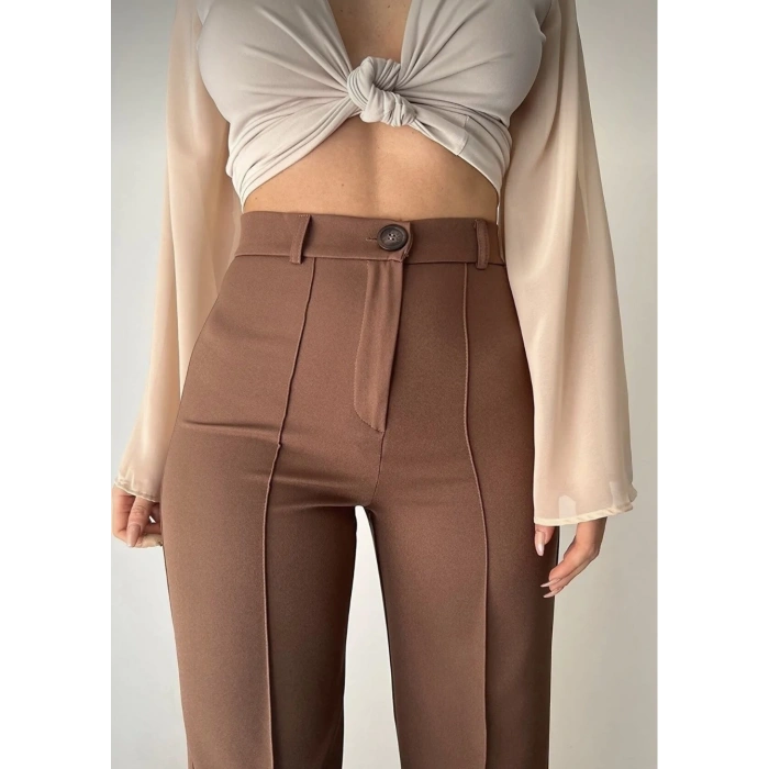 Kadın Önü Dikiş Detaylı Kahverengi Palazzo Pantolon
