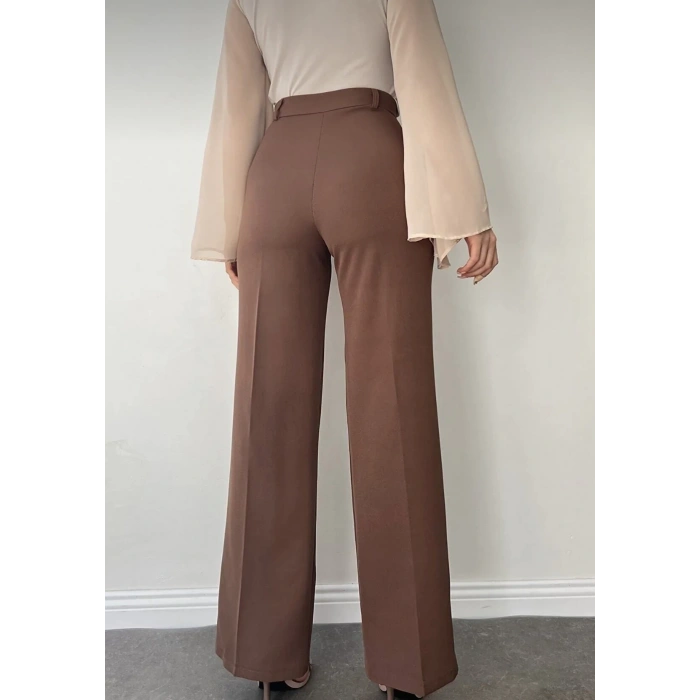 Kadın Önü Dikiş Detaylı Kahverengi Palazzo Pantolon