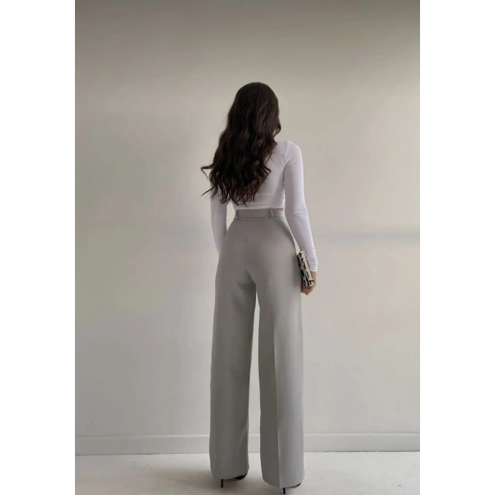 Kadın Gri Önü Dikiş Detaylı Yüksek Bel Palazzo Pantolon