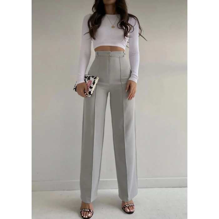 Kadın Gri Önü Dikiş Detaylı Yüksek Bel Palazzo Pantolon